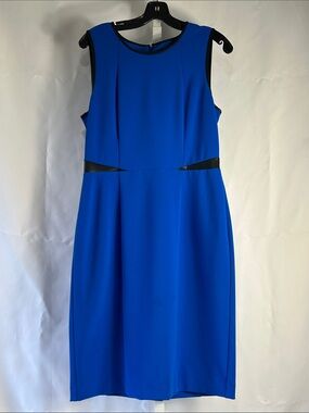 Karl Lagerfeld Women’s Size 8 Blue Sleeveless Black Leather Trim Zip Up Dress